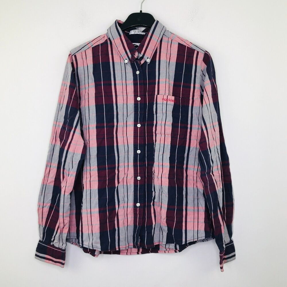 Rockies Women's Large Shirt Red Blue Plaid Long Sleeve Pocket Button Up BP11